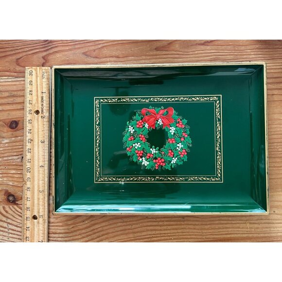 Vintage Otagiri Christmas Wreath Red Bow Green Lacquer Tray Gold Accents - Picture 4 of 4